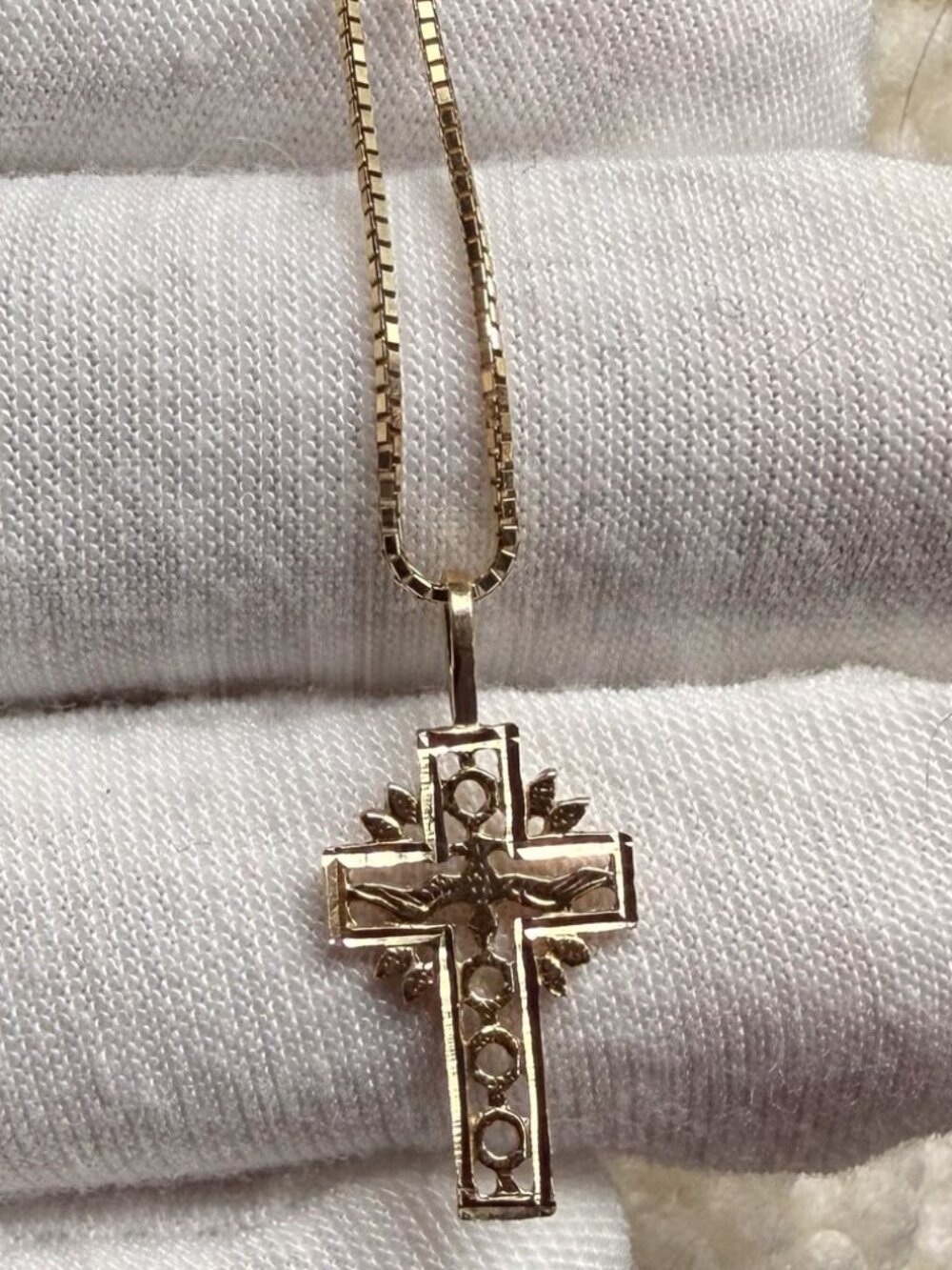 14K Yellow Gold Religious Cross Pendant With 0.8mm Box Chain - 24 inch